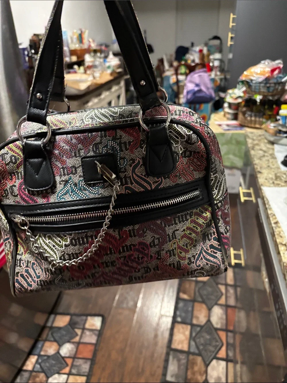 Juicy Couture Multicolor Logo Print Dome Satchel with Black Trim w:straps